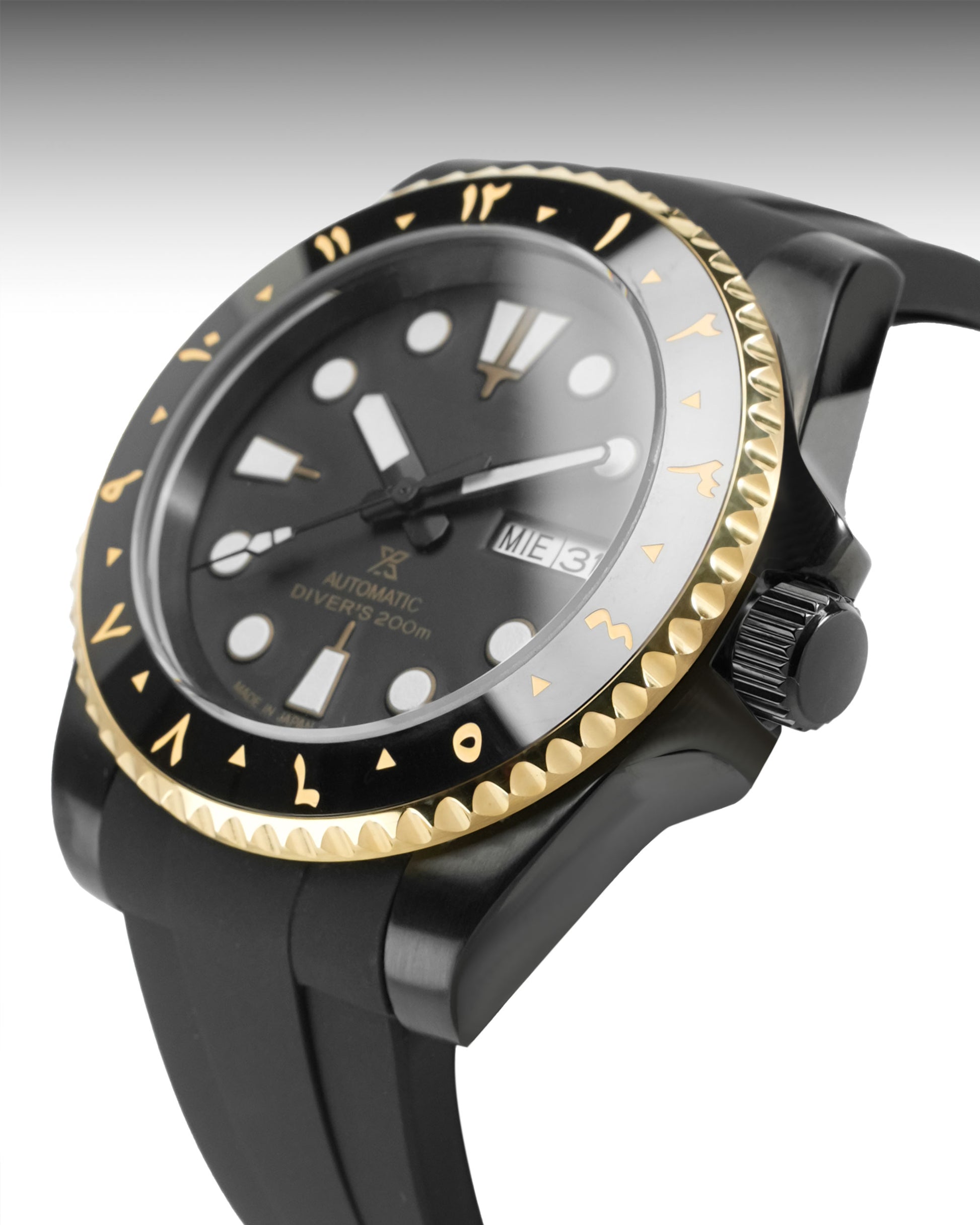 Black and gold watch with a detailed face on a gray background