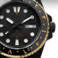 Black and gold watch with detailed face and brand logo