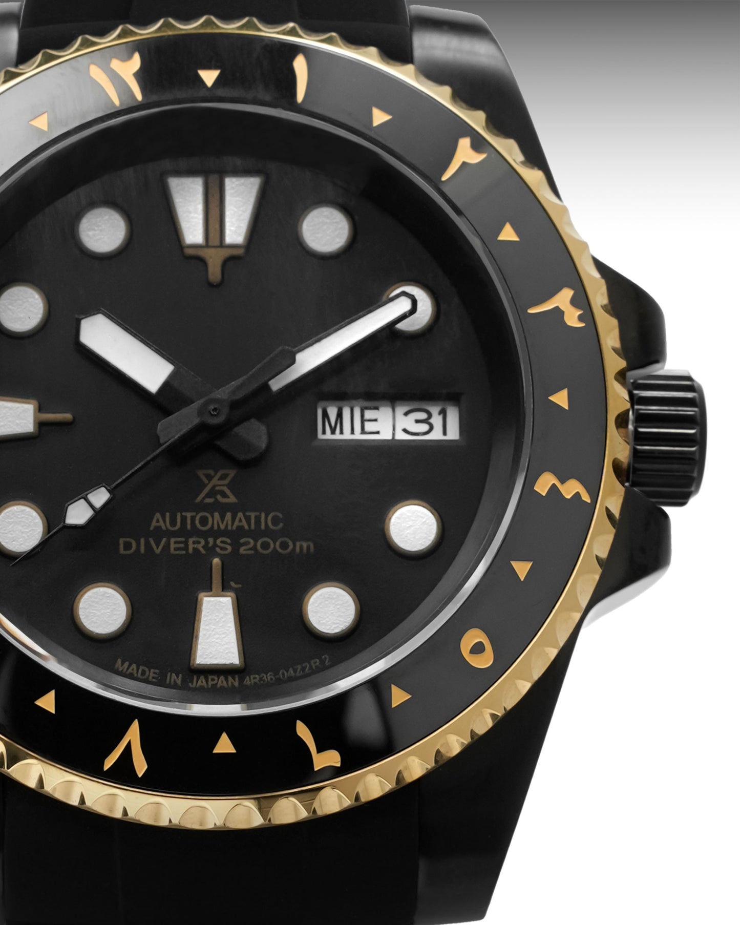 Black and gold watch with detailed face and brand logo