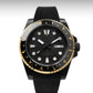Black and gold watch with a detailed face on a gray background