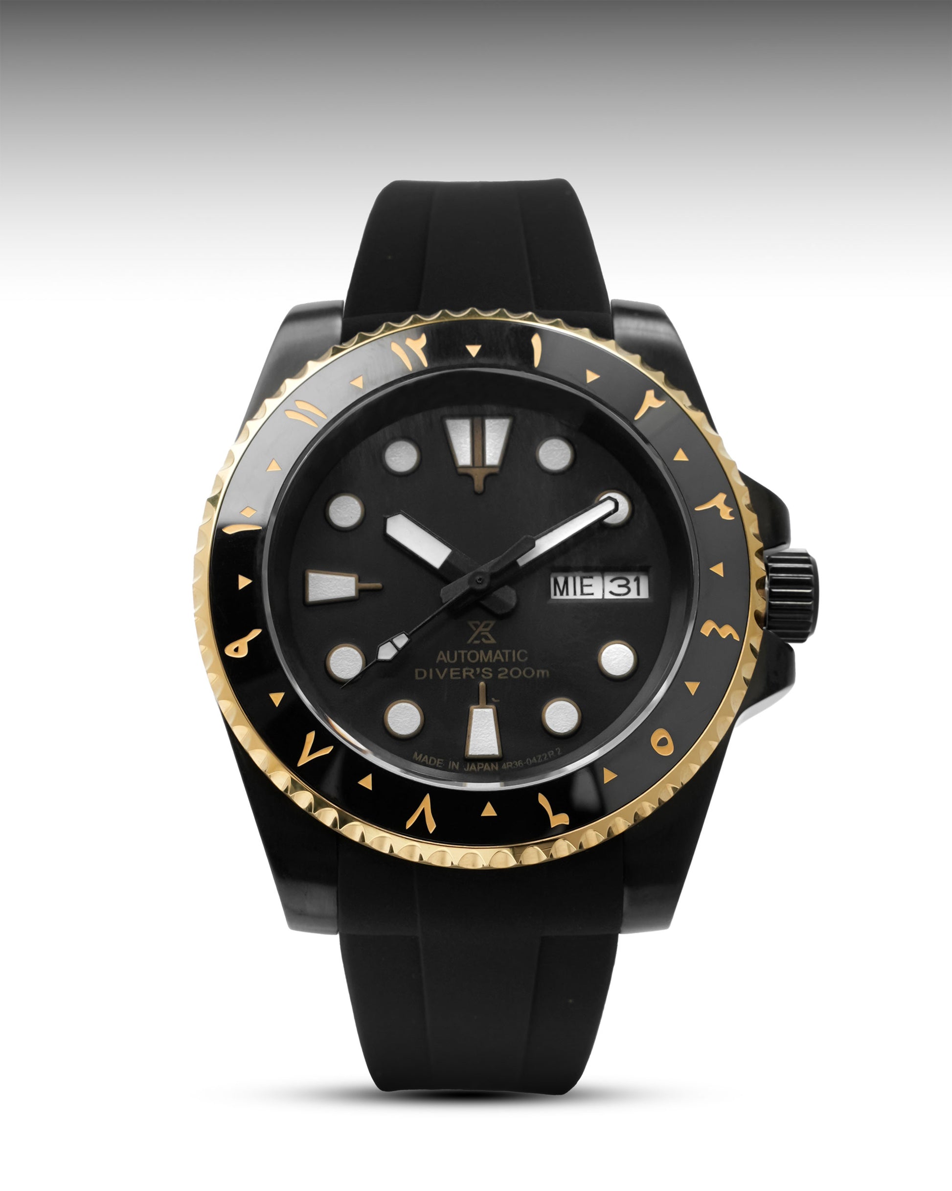 Black and gold watch with a detailed face on a gray background