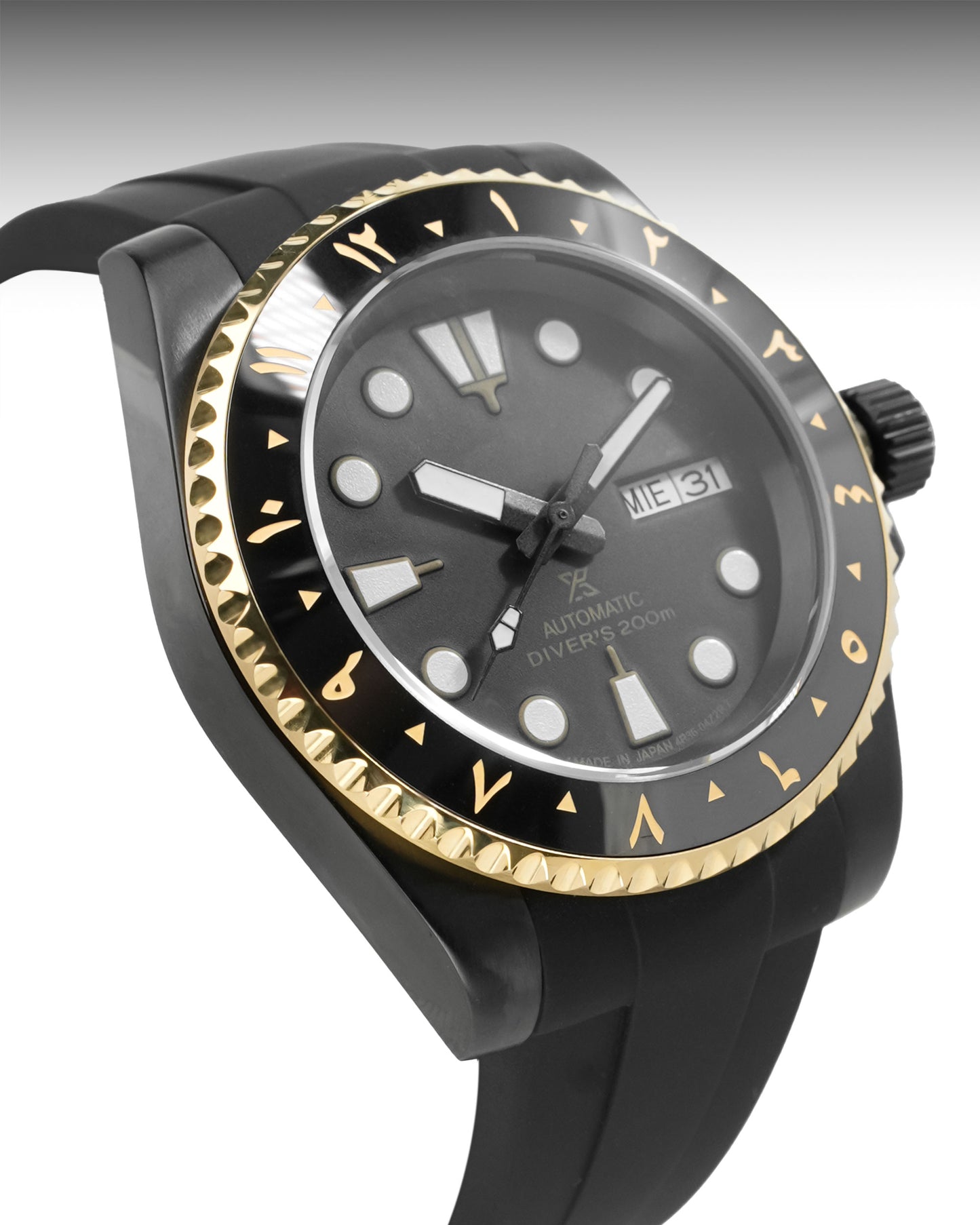 Black and gold watch with detailed face on a white background
